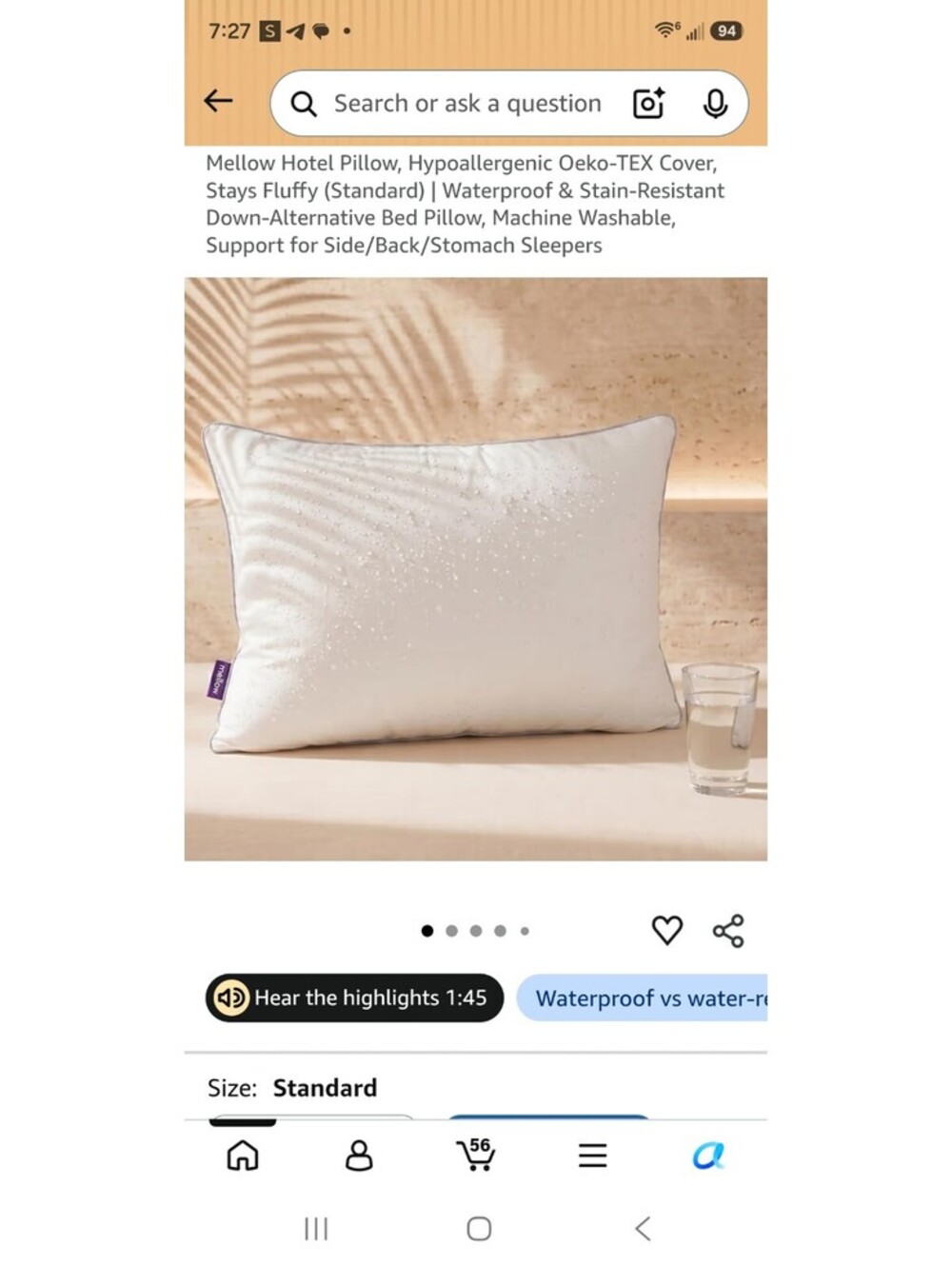 Mellow Hotel Pillow Standard Size Hypoallergenic Waterproof Down-Alternative Bed